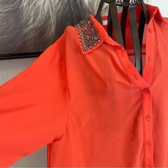 Nordstrom Red Button Down Shirt with Embellished Collar - Picture 3 of 5